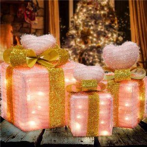 Valentines Day Decor Lighted Gift Boxes, Pre-lit 60 LED Light Up , Set of 3